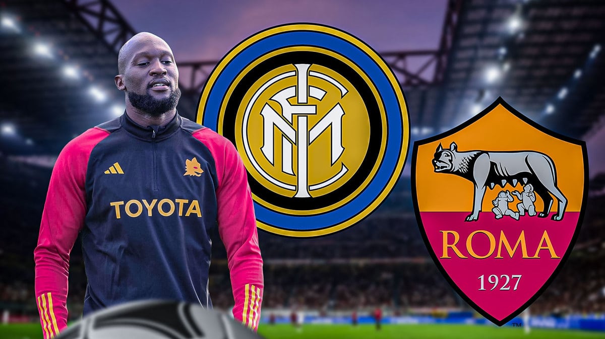 Romelu Lukaku in front of the AS Roma and Inter Milan logos