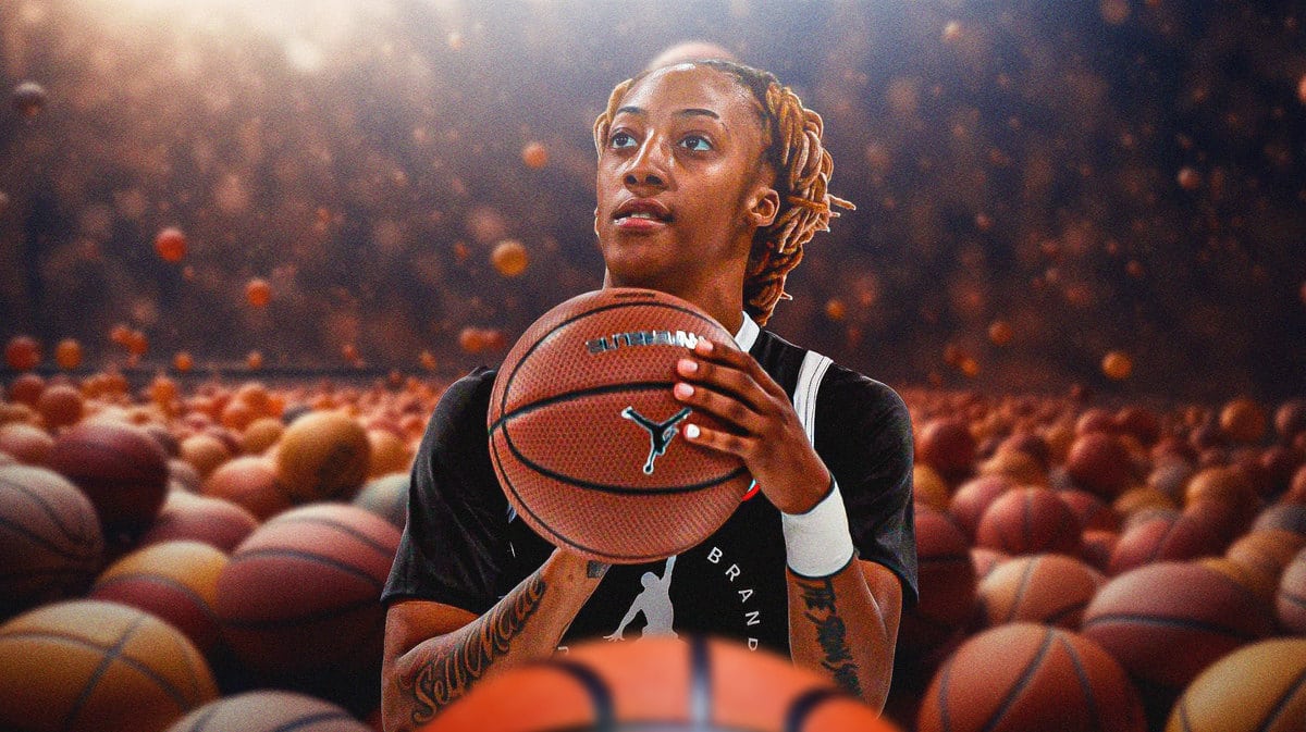 Aaliyah Gayles if possible, any photos of where her tattoos are visible would be great. The focus of the image should be Gayles, with basketballs in the background as if she is dreaming of basketball.