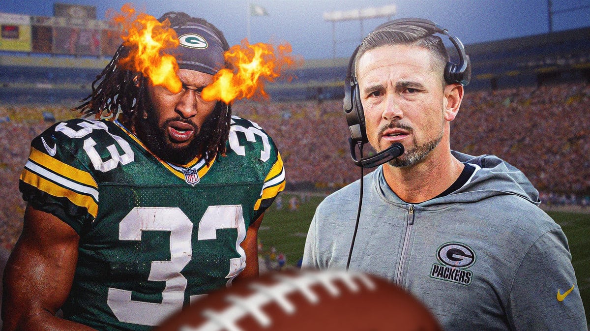 Aaron Jones with Matt LaFleur next to him. Have fire emojis on LaFleur’s eyes