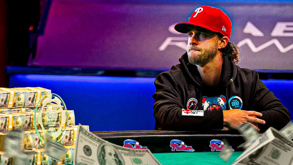 Aaron Nola of the Phillies as a poker player looking at money