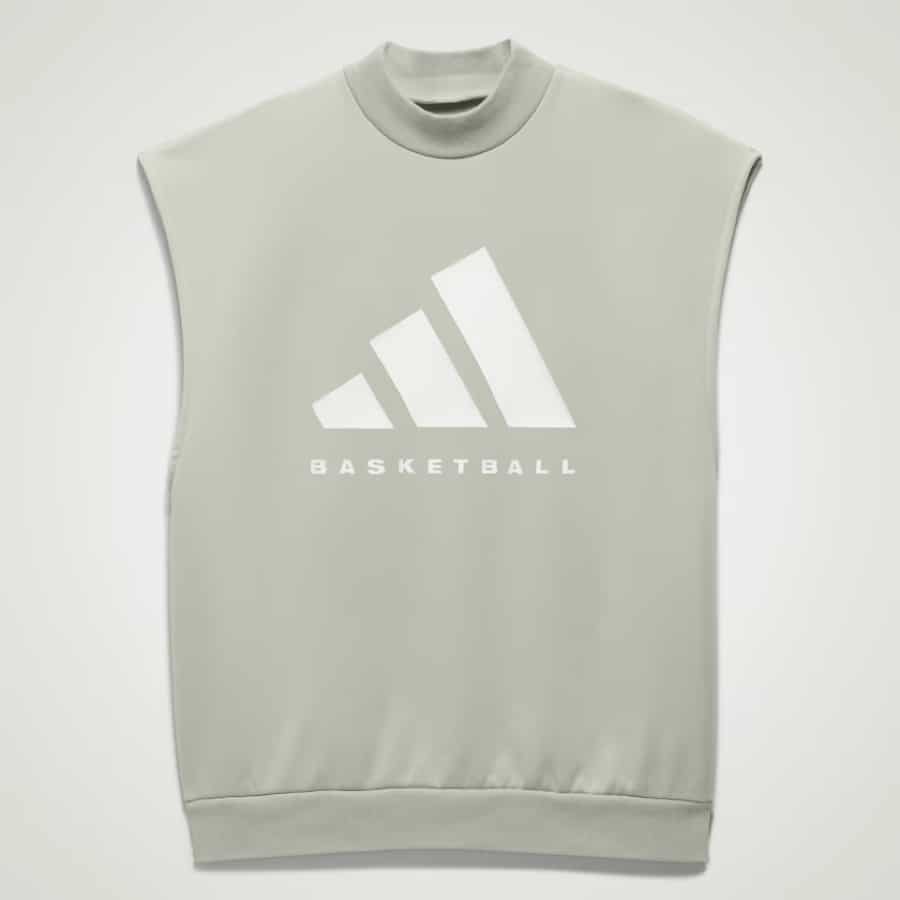 Adidas Basketball Sleeveless Sweatshirt - Halo Green/Halo Green colorway on a light gray background.