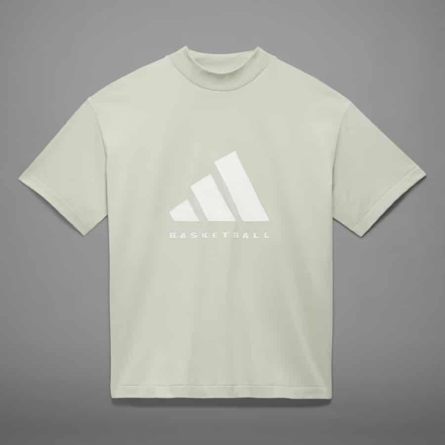 Adidas Basketball Tee - Halo Green/Halo Green colorway on a dark gray background.