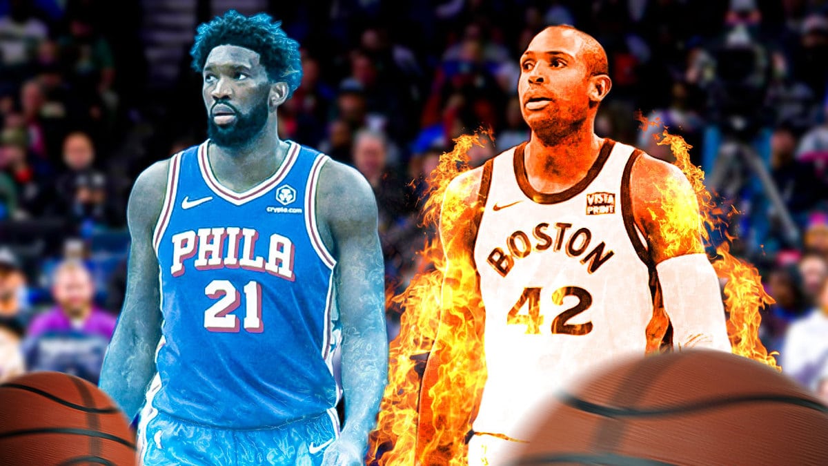 Celtics' Al Horford on fire looking hyped next to a sad Embiid who looks cold/icy