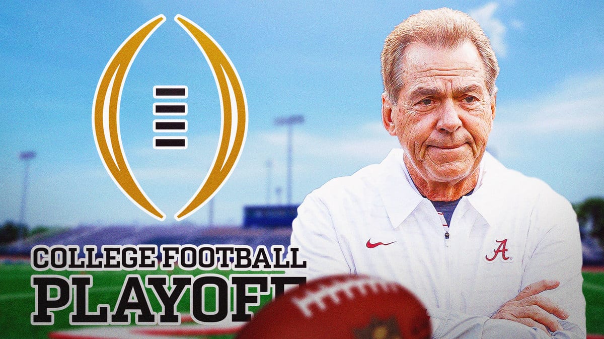 Nick Saban with the College Football Playoff logo