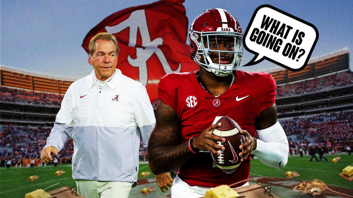 Alabama football coach Nick Saban and QB Jalen Milroe surrounded by rat traps