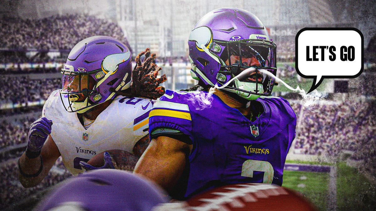 Alexander Mattison with smoke coming out of his nose in action in Vikings jersey,have him saying “Let’s go”