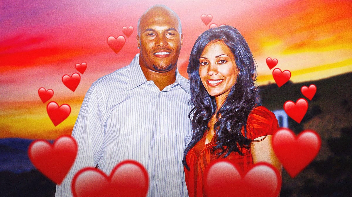 Antonio Pierce and Jocelyn Pierce surrounded by hearts.