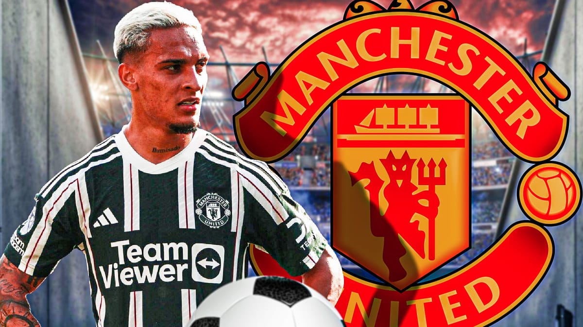 Antony in front of the Manchester United logo, questionmarks in the air
