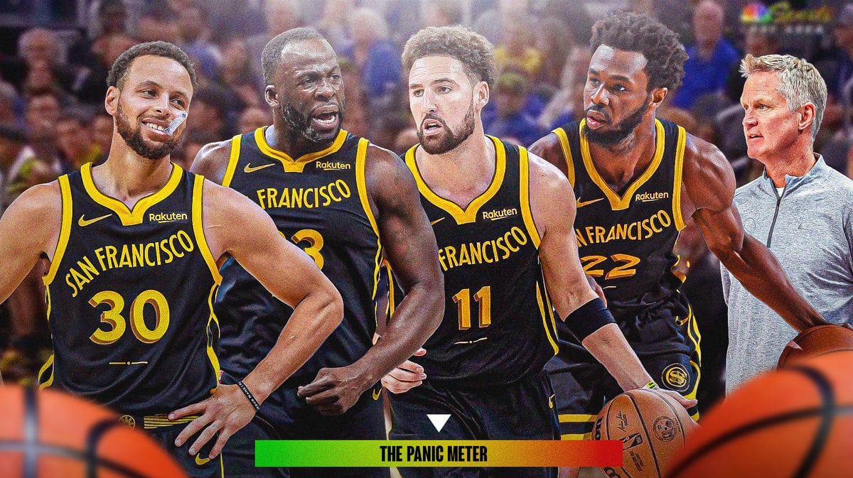 Warriors' Stephen Curry, Draymond Green, Klay Thompson, and Andrew Wiggins next to Steve Kerr with panic meter at the bottom