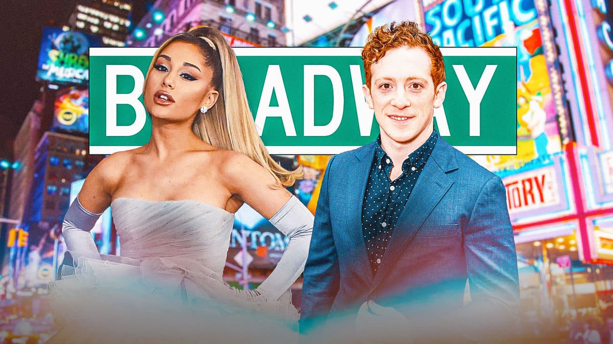 Ariana Grande, Ethan Slater with Broadway sign behind them