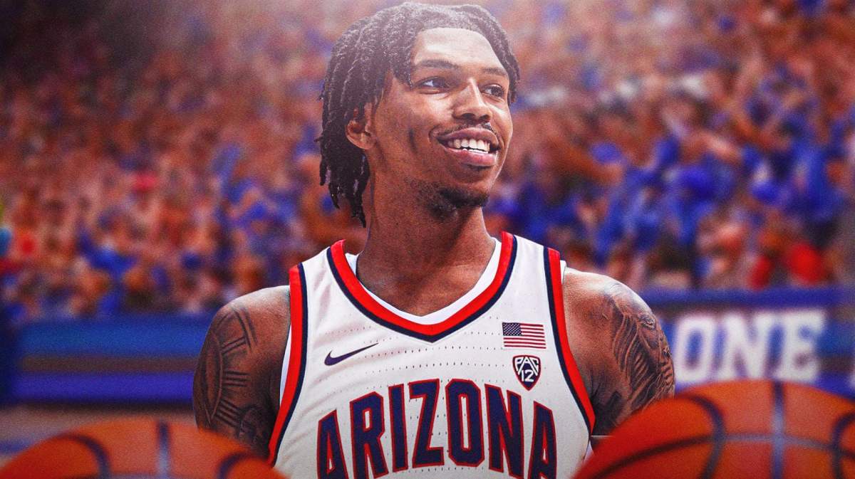 Caleb Love in Arizona jersey smiling, screaming Duke basketball fans in background