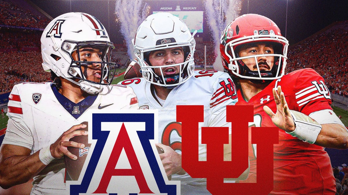 Noah Fifita, Bryson Barnes and Cam Rising all in image, Arizona and Utah football logos in image, football field in background