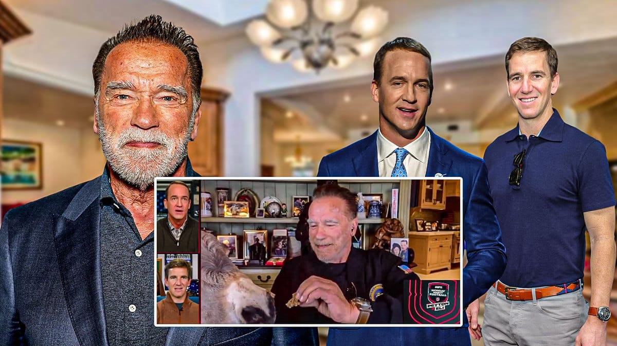 Arnold Schwarzenegger looking happy with Peyton Manning and Eli Manning both with eyes emoji
