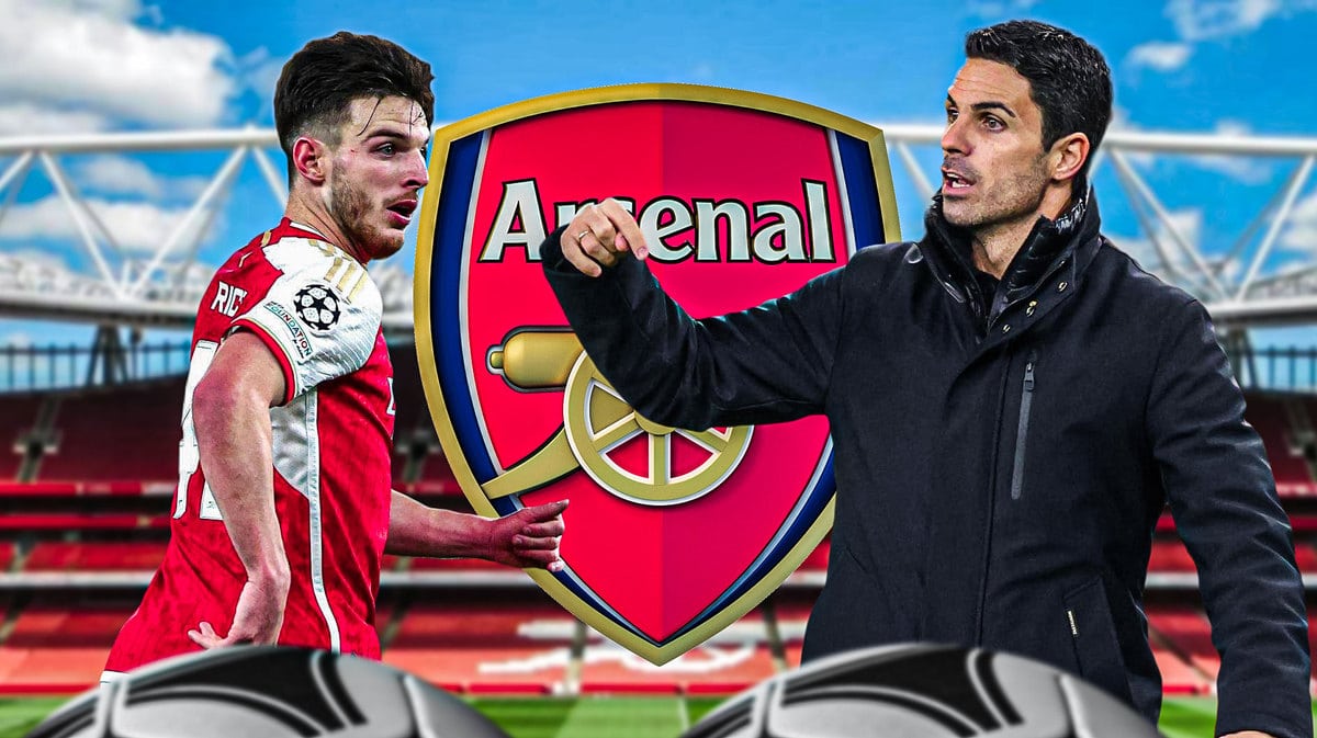Declan Rice looking at a shouting Mikel Arteta, the Arsenal logo behind them