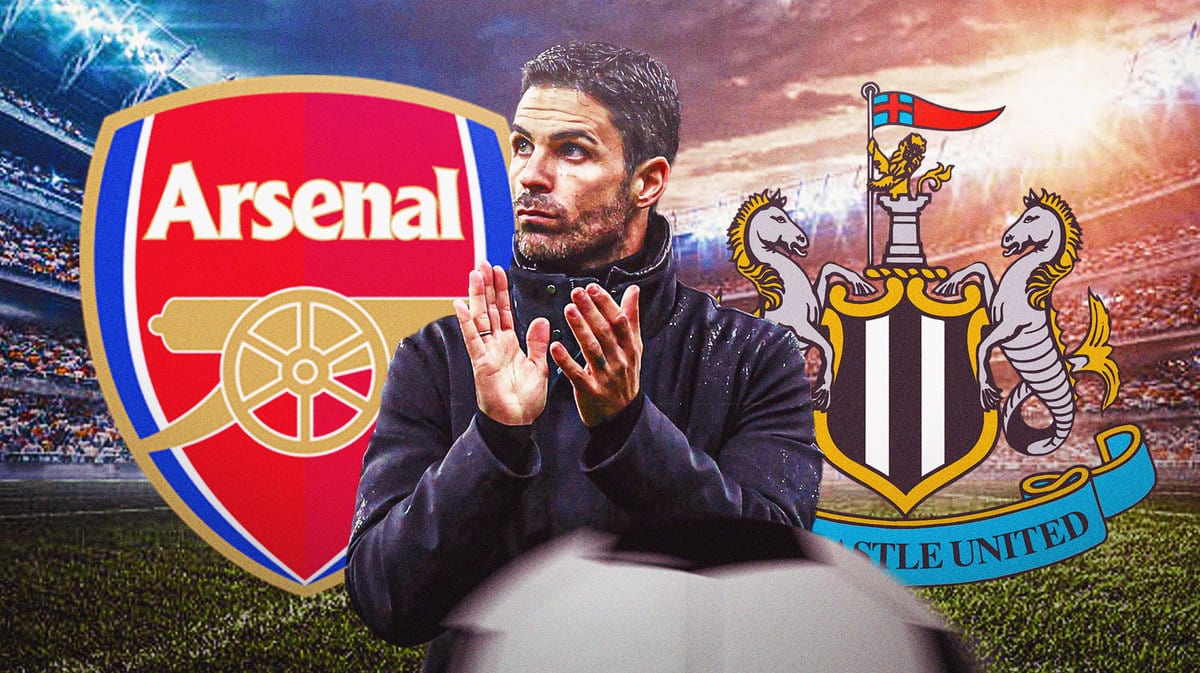 Mikel Arteta in front of the Arsenal and Newcastle logos
