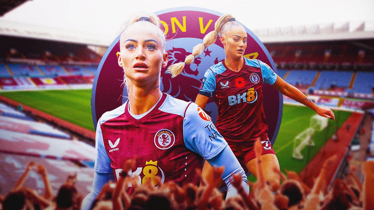 Alisha Lehmann in front of the Aston Villa logo