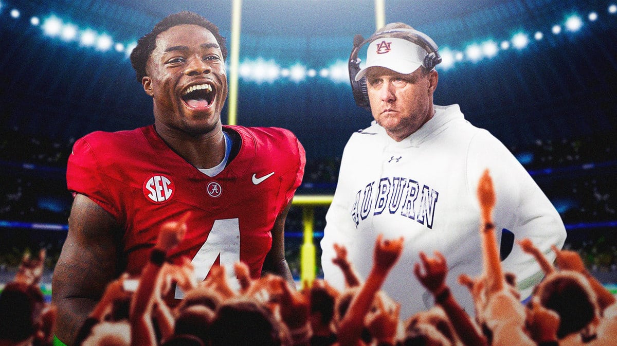 Auburn football coach Hugh Freeze and Alabama football quarterback Jalen Milroe