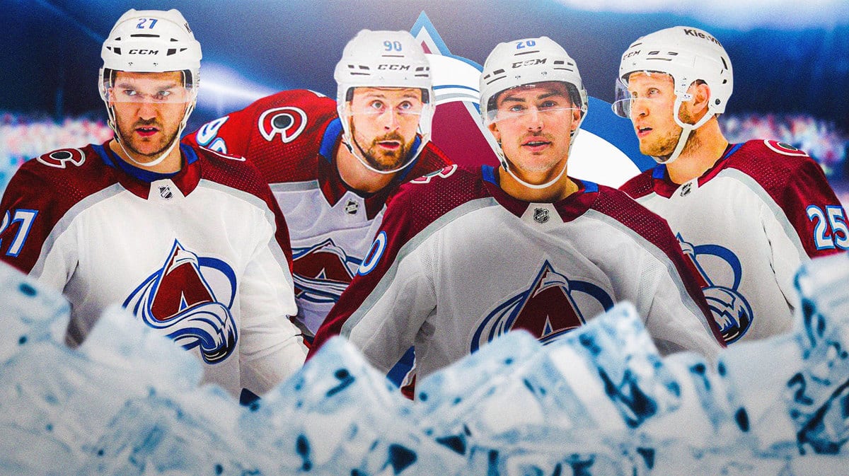Jonathan Drouin, Tomas Tatar, Ross Colton and Logan O’Connor all in image, COL Avalanche logo, hockey rink in background