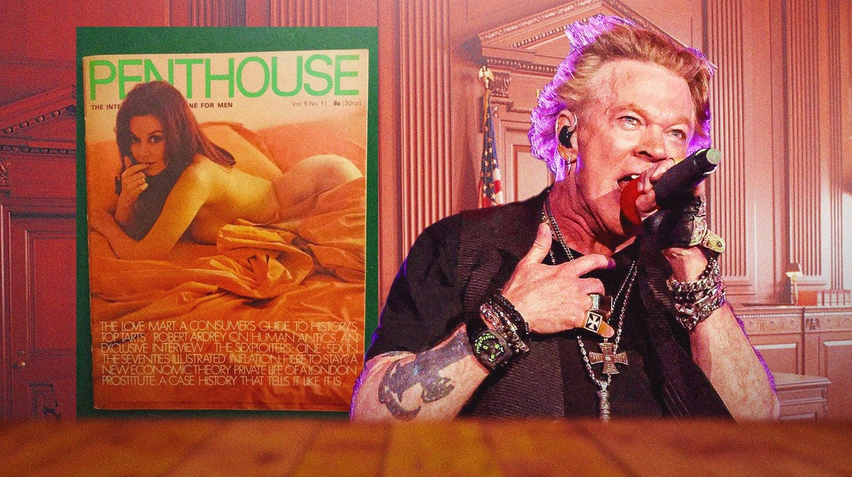 Axl Rose in a courtroom with a Penthouse magazine.