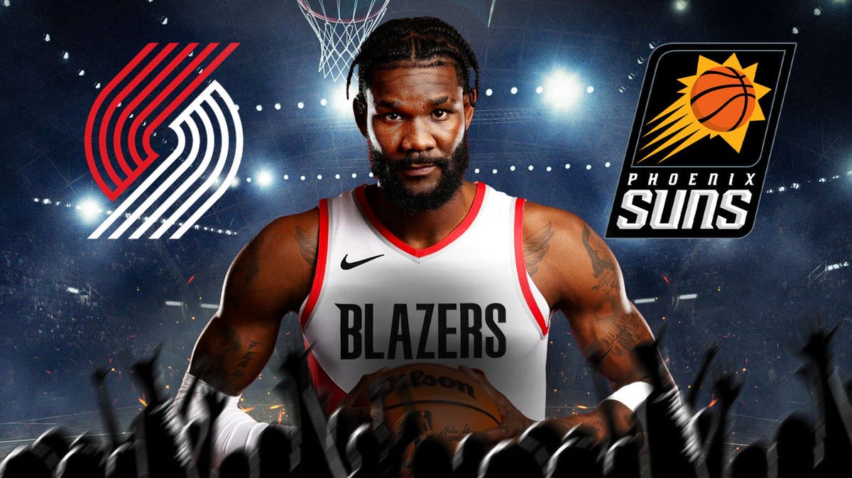Deandre Ayton with both the Blazers and Suns logos in the background