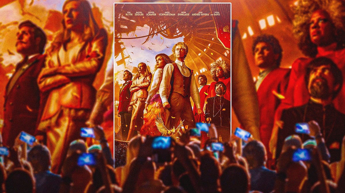 The Hunger Games: Ballad of Songbirds & Snakes movie poster with fans.