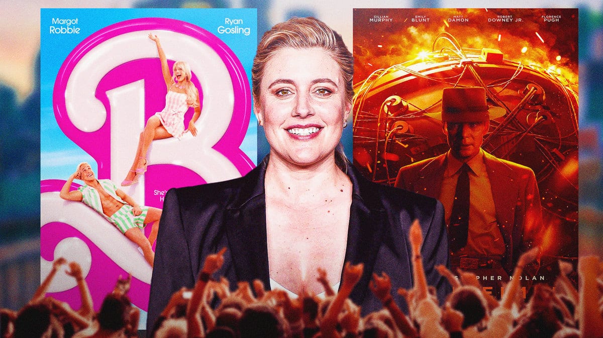 Barbie and Oppenheimer posters with Greta Gerwig in between.