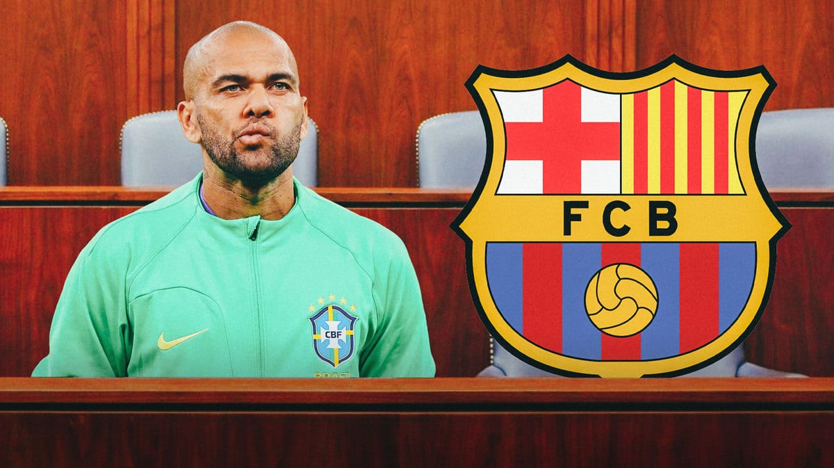 Dani Alves sitting in a courthouse, the Barcelona logo behind him