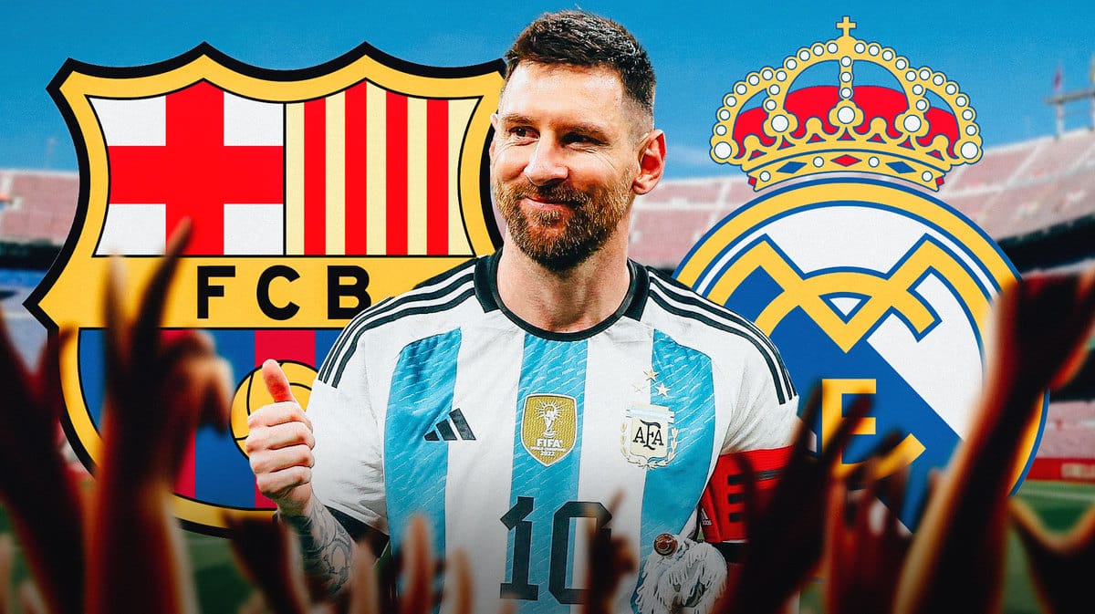 Lionel Messi in front of the Barcelona and Real Madrid logos