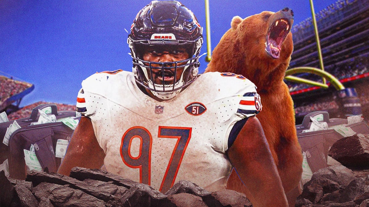 Andrew Billings and a roaring Bear surrounded by money bags