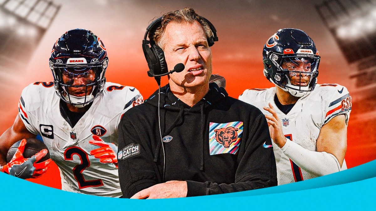 Bears Matt Eberflus with DJ Moore and Justin Fields after win over Vikings