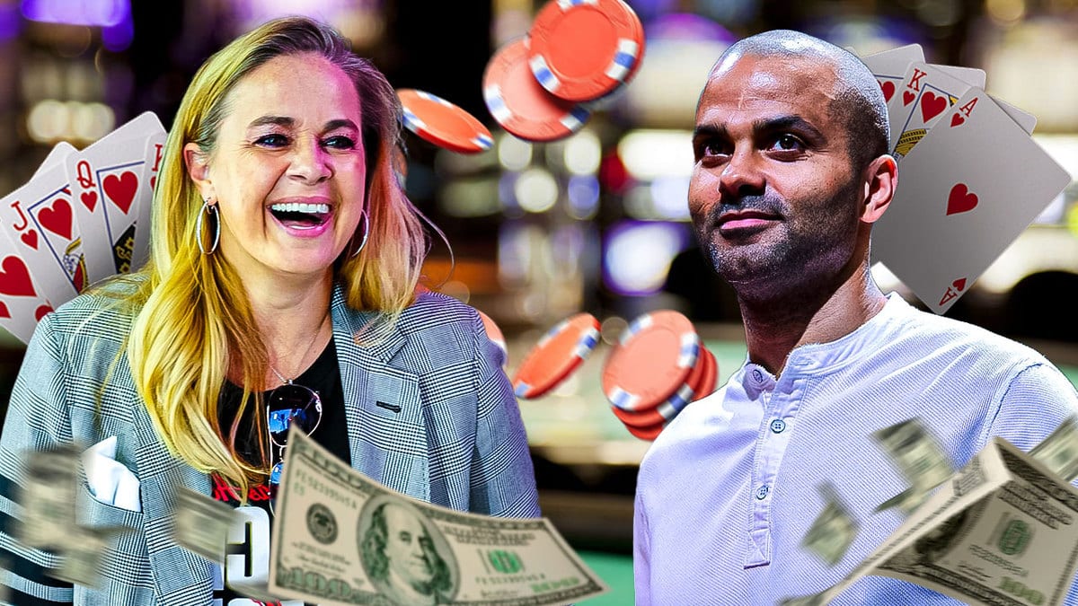 Las Vegas Aces coach Becky Hammon and former San Antonio Spurs player Tony Parker. With playing cards, money and poker chips all around them.