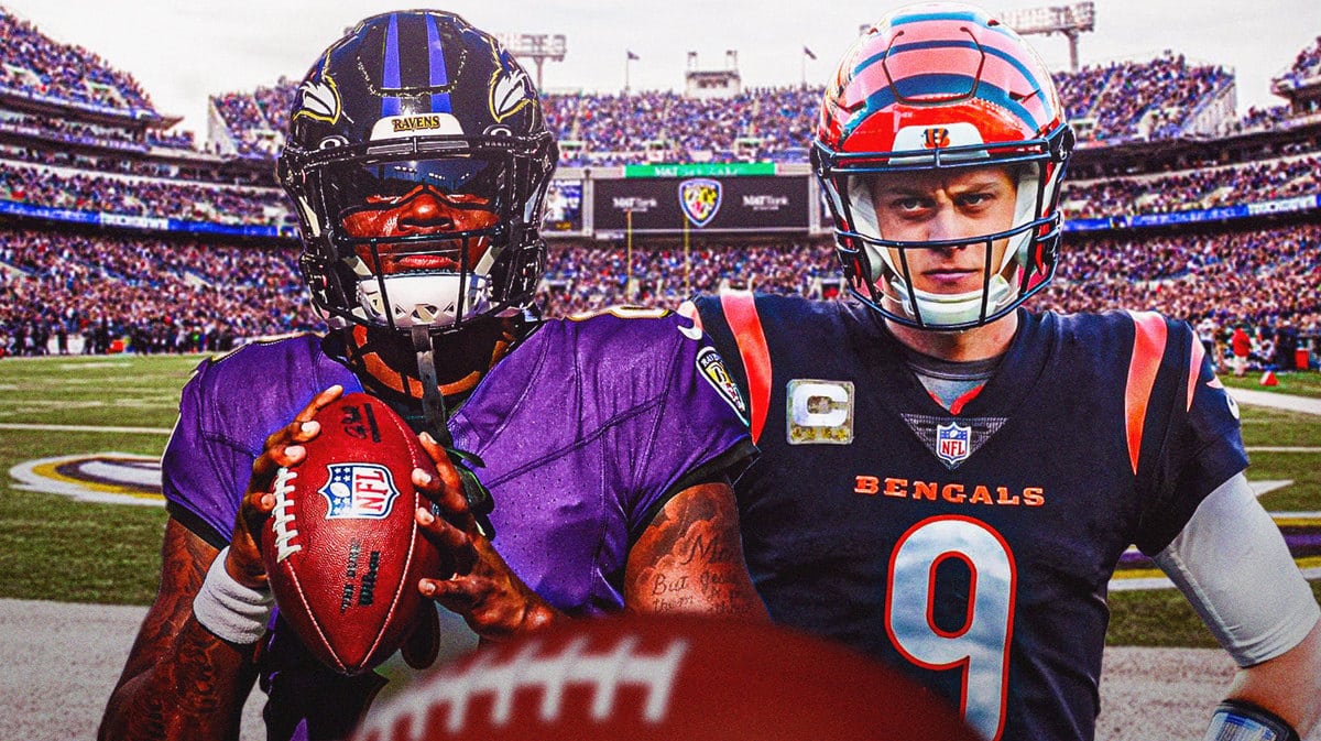 Baltimore Ravens quarterback Lamar Jackson and Cincinnati Bengals quarterback Joe Burrow in front of M&T Bank Stadium.