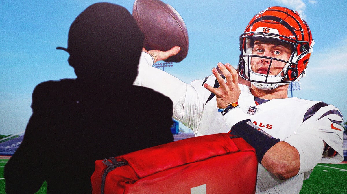Silhoutte of an ACTION SHOT of Drew Plitt (quarterback), Joe Burrow (Bengals) with a medical cross symbol