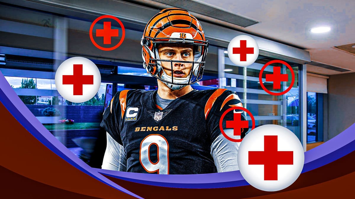 Cincinnati Bengals QB Joe Burrow surrounded by medical cross symbols