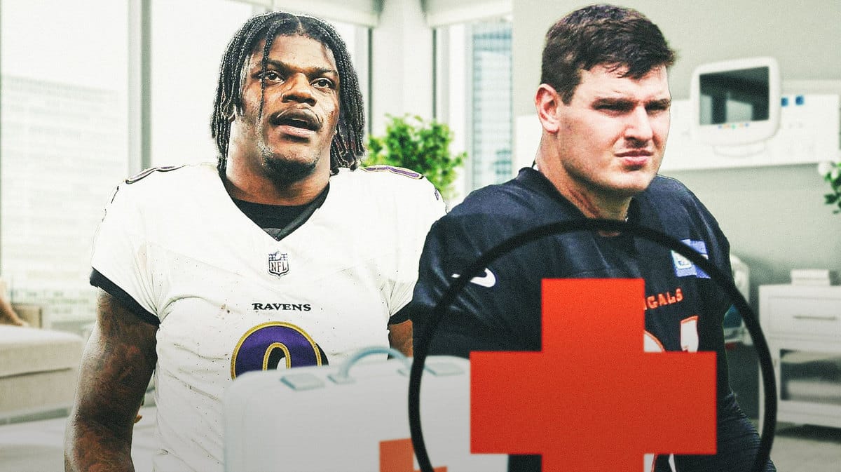 Trey Hendrickson of the Bengals with medical cross symbol, Lamar Jackson of the Ravens looking concerned