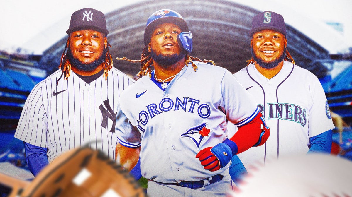 Vladimir Guerrero Jr. in Blue Jays, Yankees, and Mariners jerseys as possible trade destinations.