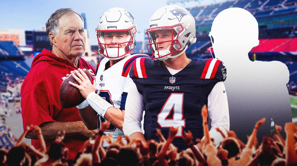Bill Belichick next to Mac Jones, Bailey Zappe and silhouette of a third quarterback.
