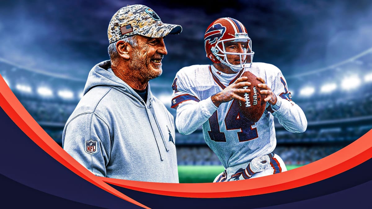 A recent picture of Frank Reich as coach of the Carolina Panthers alongside one of him as quarterback for the Buffalo Bills
