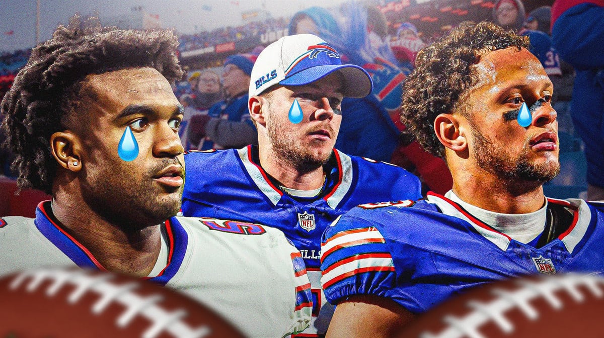 Terrel Bernard, Tyrel Dodson, Tyler Bass all with tear emojis 💧 and with crying Buffalo Bills fans in the background.