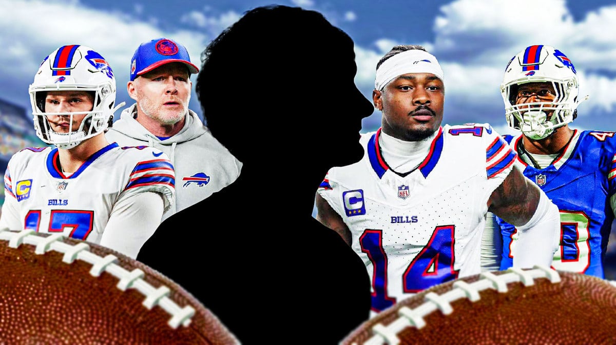 Bills Josh Allen, Stefon Diggs, Sean McDermott, Von Miller, and the silhouette Ken Dorsey.