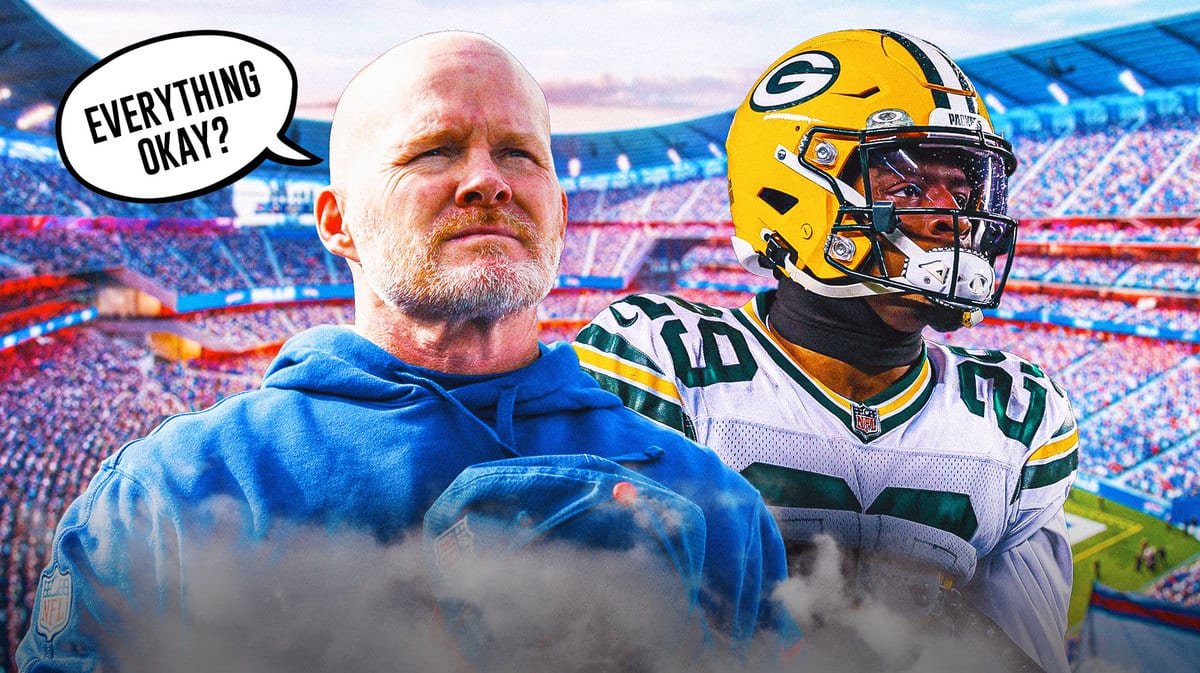Buffalo Bills coach Sean McDermott and cornerback Rasul Douglas (he was just traded to Buffalo, so him in a Green Bay Packers uniform is fine) and a speech bubble from McDermott “Everything Okay?”