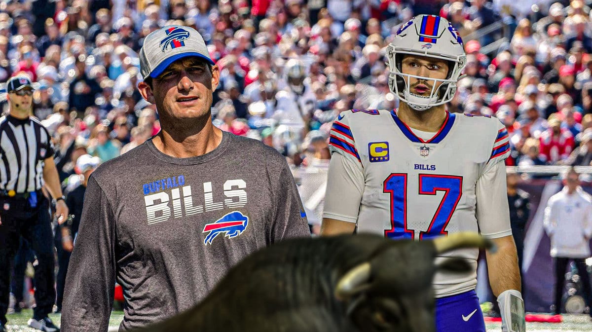 Buffalo Bills star Josh Allen and offensive coordinator Ken Dorsey in front of Highmark Stadium.