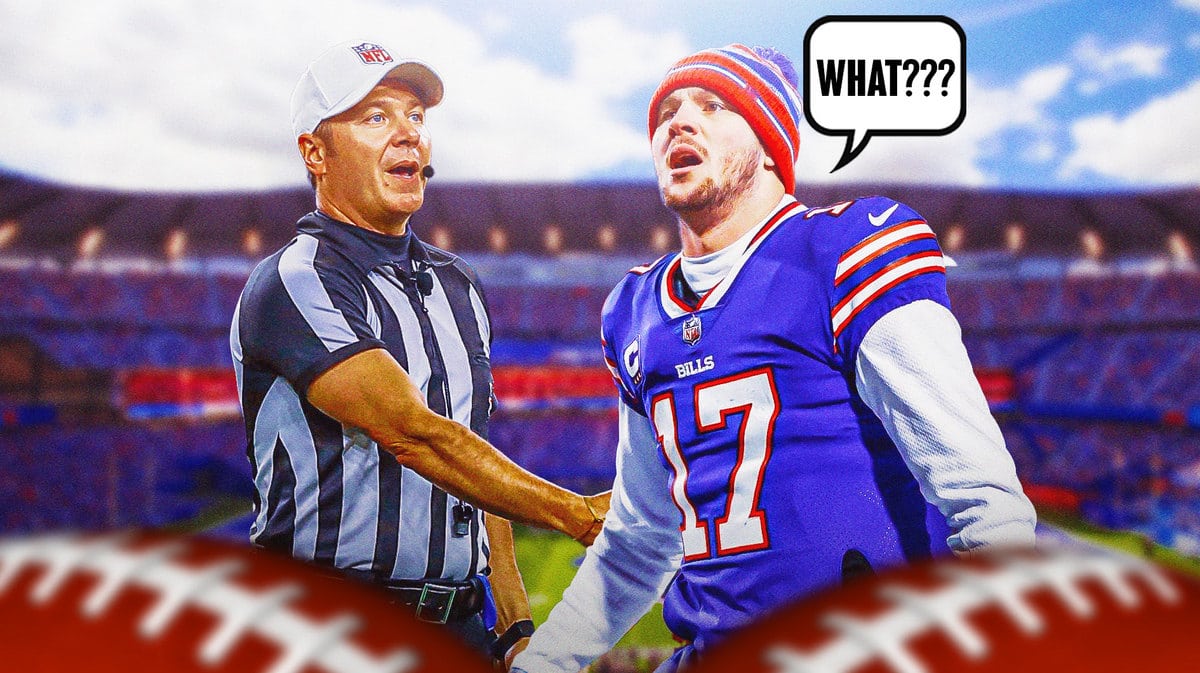 Bills QB Josh Allen questioning referee Alex Kemp after intentional grounding call in Week 9 vs Bengals.