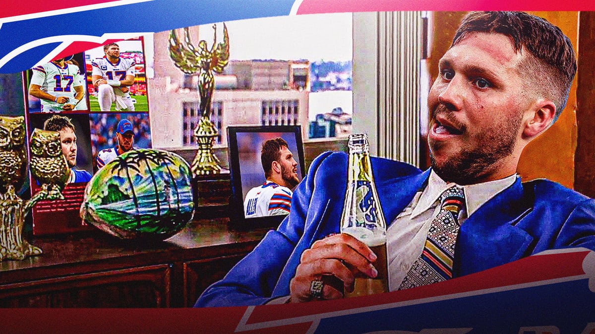 Josh Allen of the Bills looking shocked as Ron Burgundy