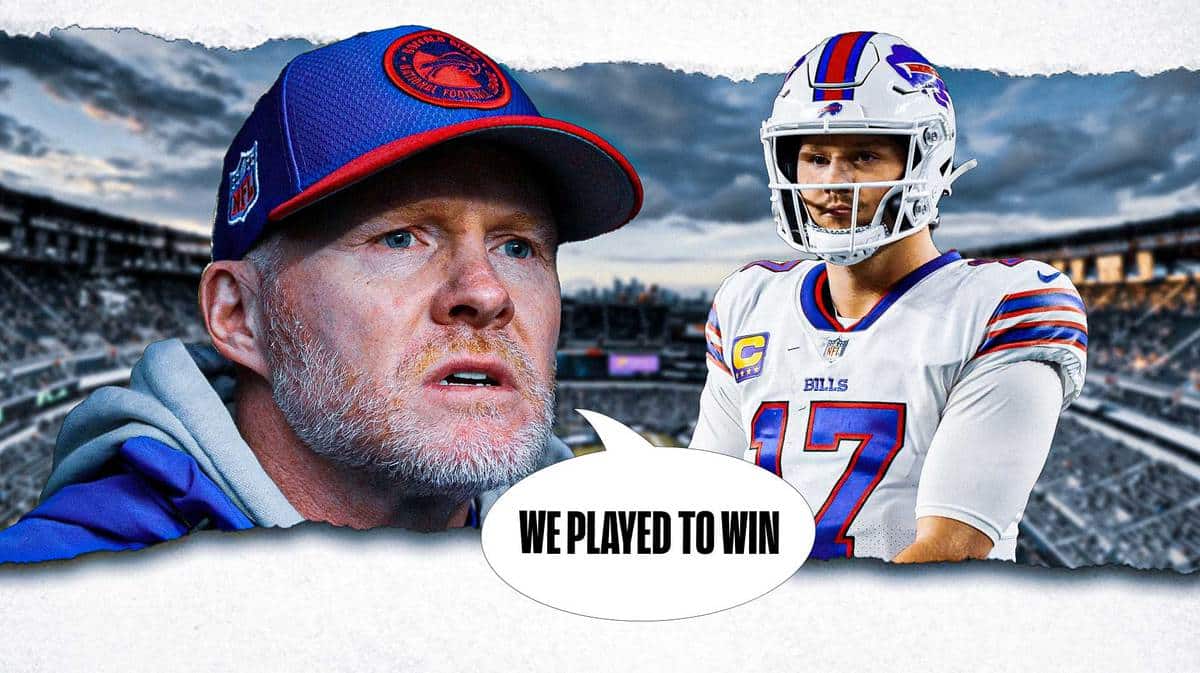 Sean McDermott, Josh Allen. Lincoln Financial Field in the background. Speech bubble for Sean McDermott that says: We played to win