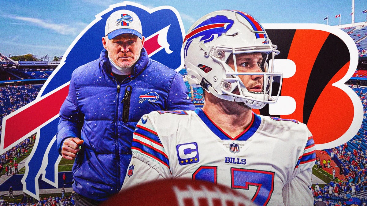 Sean McDermott in background and Josh Allen in foreground looking hopeful, Bills and Bengals logos, football field