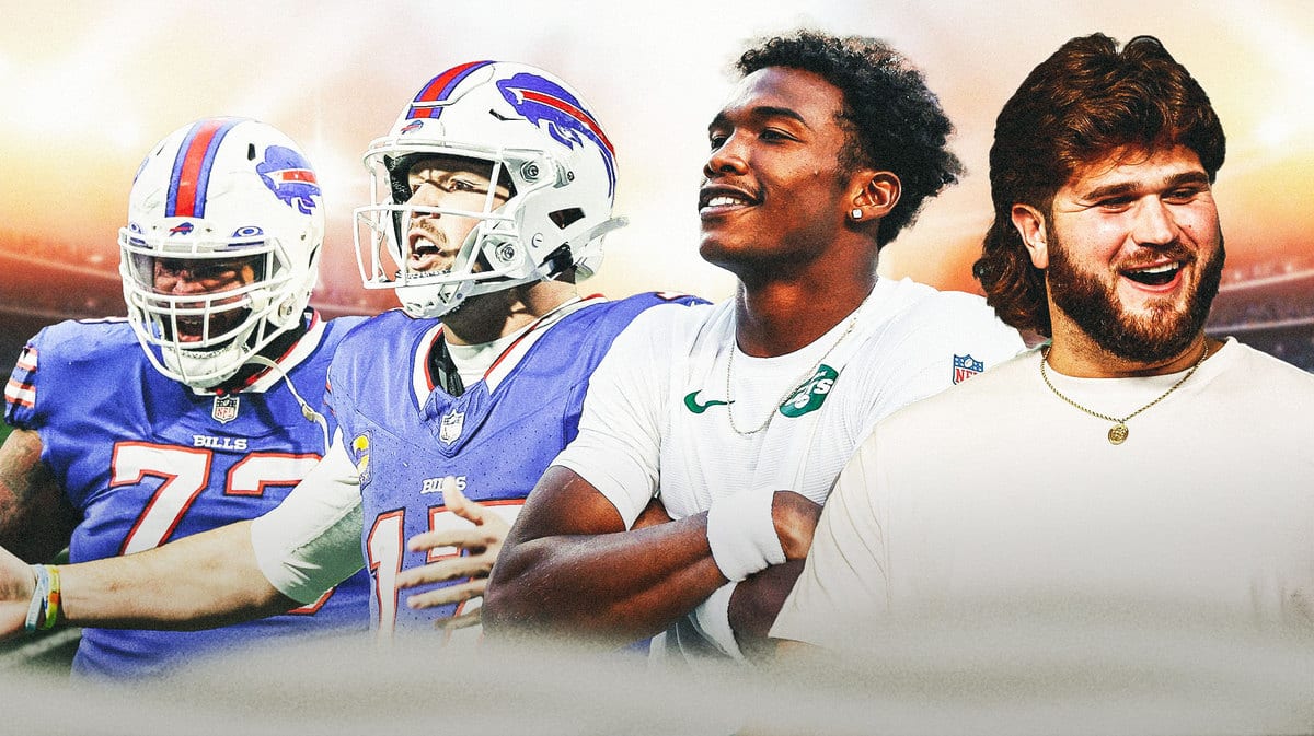 Bills Josh Allen and Dion Dawkins with Zach Wilson weapon Myles Garrett and Jets lineman Joe Tippman