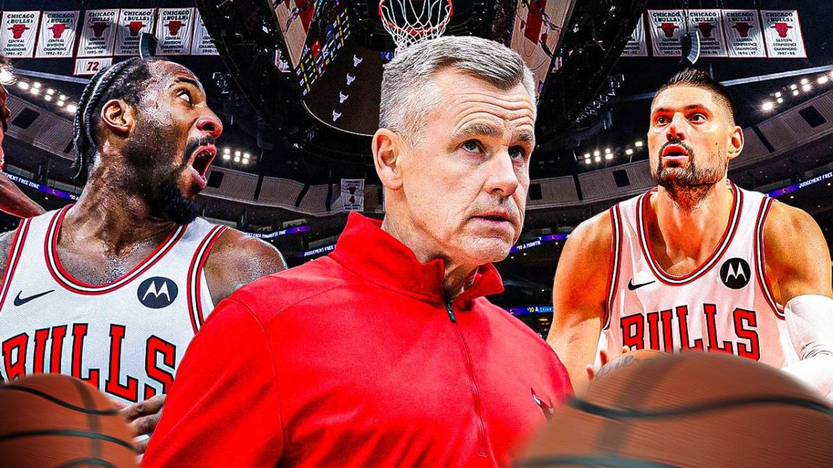 Chicago, Bulls, Andre Drummond, Billy Donovan, Nikola Vucevic, Billy Donovan, Andre Drummond (in Bulls uni) and Nikola Vucevic (in Bulls uni) with Bulls arena in the background