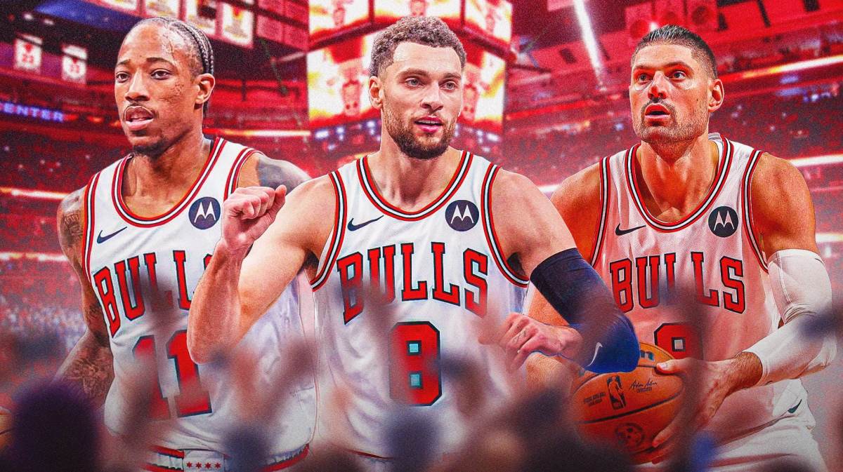 Bulls, Zach LaVine, DeMar DeRozan, Nikola Vucevic, Billy Donovan, Zach LaVine, DeMar DeRozan and Nikola Vucevic (all in Bulls unis) with Bulls arena in the background