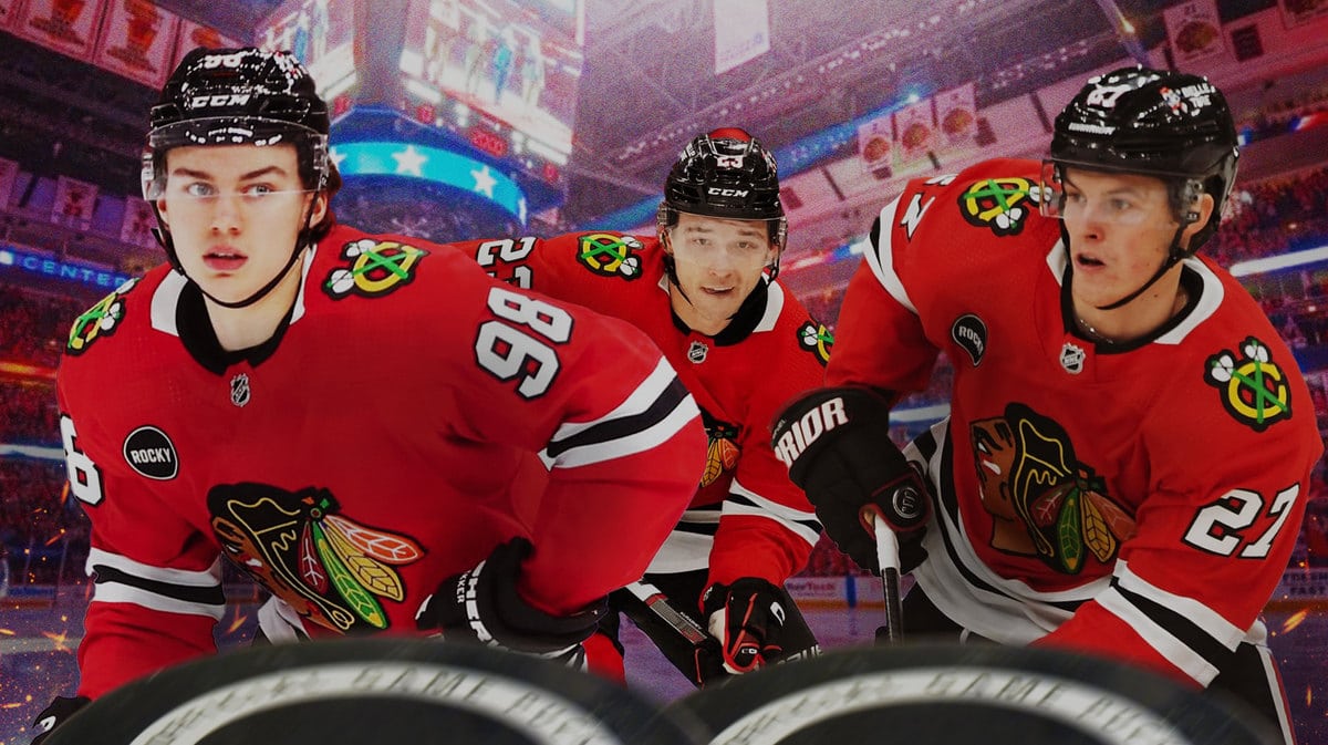 Chicago Blackhawks forwards Connor Bedard, Lukas Reichel, and Philipp Kurashev in Chicago after being placed on a line together